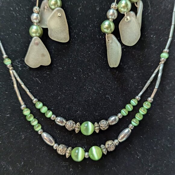 Silver Tone Green Bead Circle Round Dangle Drop Earrings Necklace Set Jewelry - Picture 6 of 10